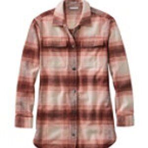 LL BEAN Women's  Chamois Shirt Tunic Snap-Front Plaid Pink Grapefruit sz: L NWT